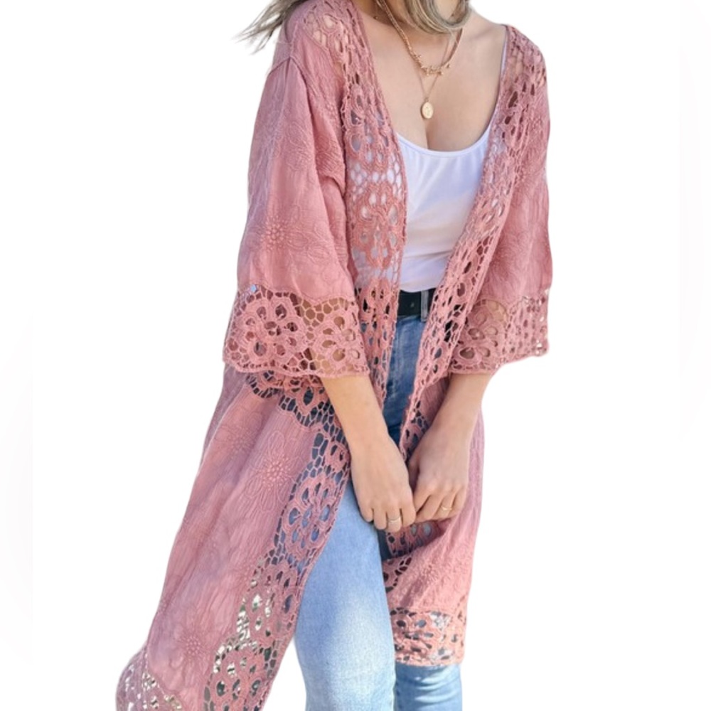 Women’s Mauve Textured Floral Lace Kimono Cardigan One Size NWOT